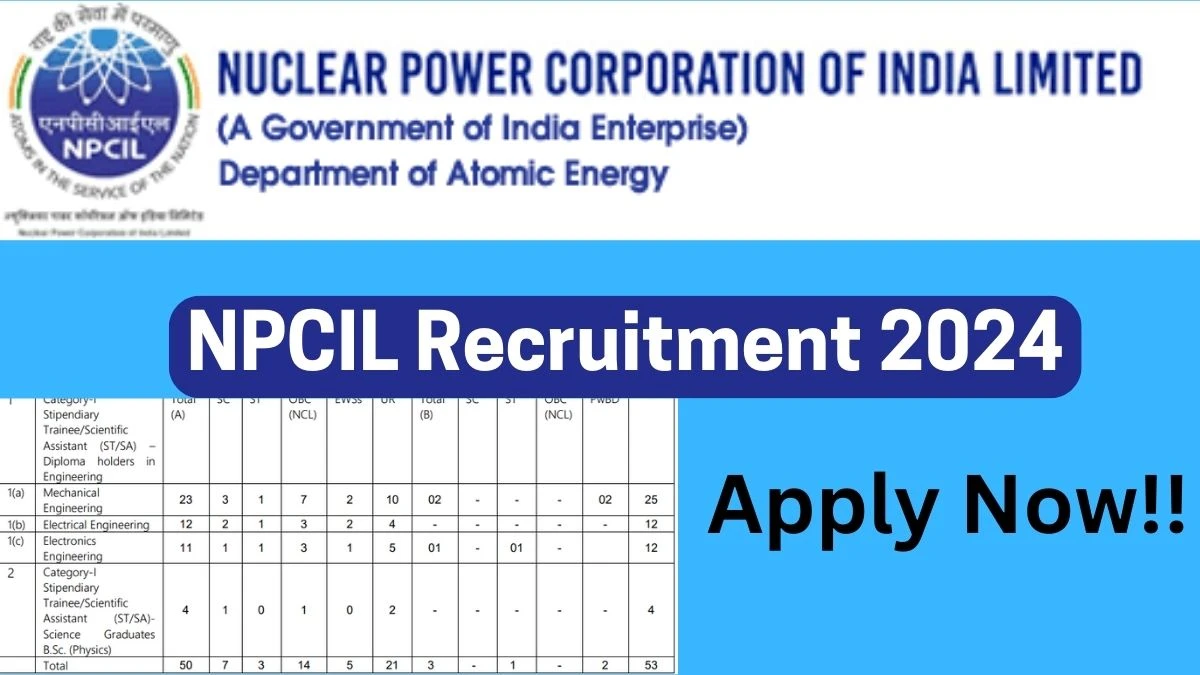 NPCIL Recruitment 2024 Stipendiary Trainee or Scientific Assistant vacancy, Apply Online at npcil.nic.in