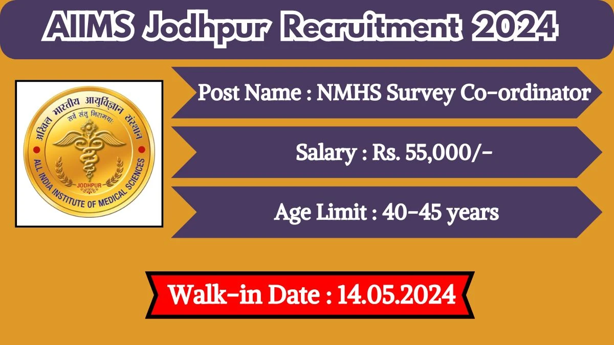 AIIMS Jodhpur Recruitment 2024 Walk-In Interviews for NMHS Survey Co-ordinator on May 14, 2024