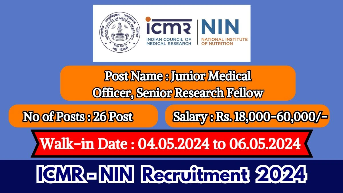 ICMR-NIN Recruitment 2024 Walk-In Interviews for Junior Medical Officer, Senior Research Fellow and More Vacancies on 04.05.2024 to 06.05.2024