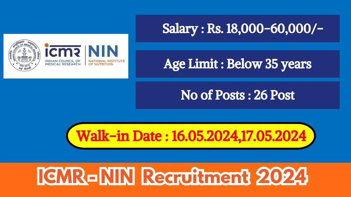 ICMR-NIN Recruitment 2024 Walk-In Interviews for Junior Medical Officer, SRF and More Vacancies on 16.05.2024,17.05.2024