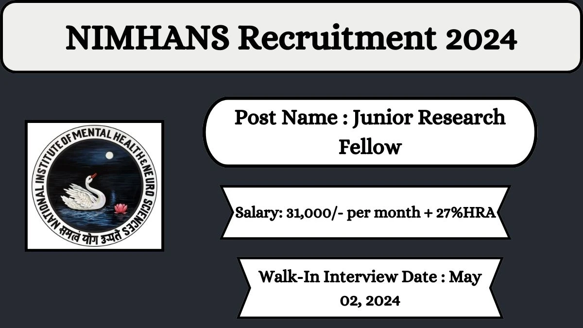 NIMHANS Recruitment 2024 Walk-In Interviews for Junior Research Fellow on May 02, 2024