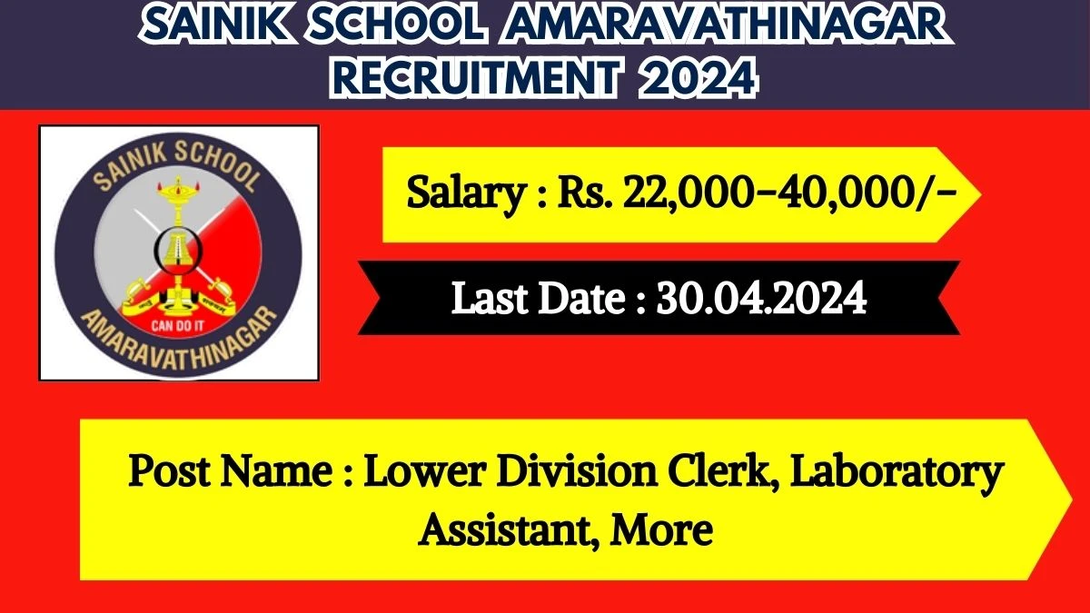 Sainik School Amaravathinagar Recruitment 2024 New Opportunity Out, Check Post, Salary, Age, Qualification And Other Vital Details