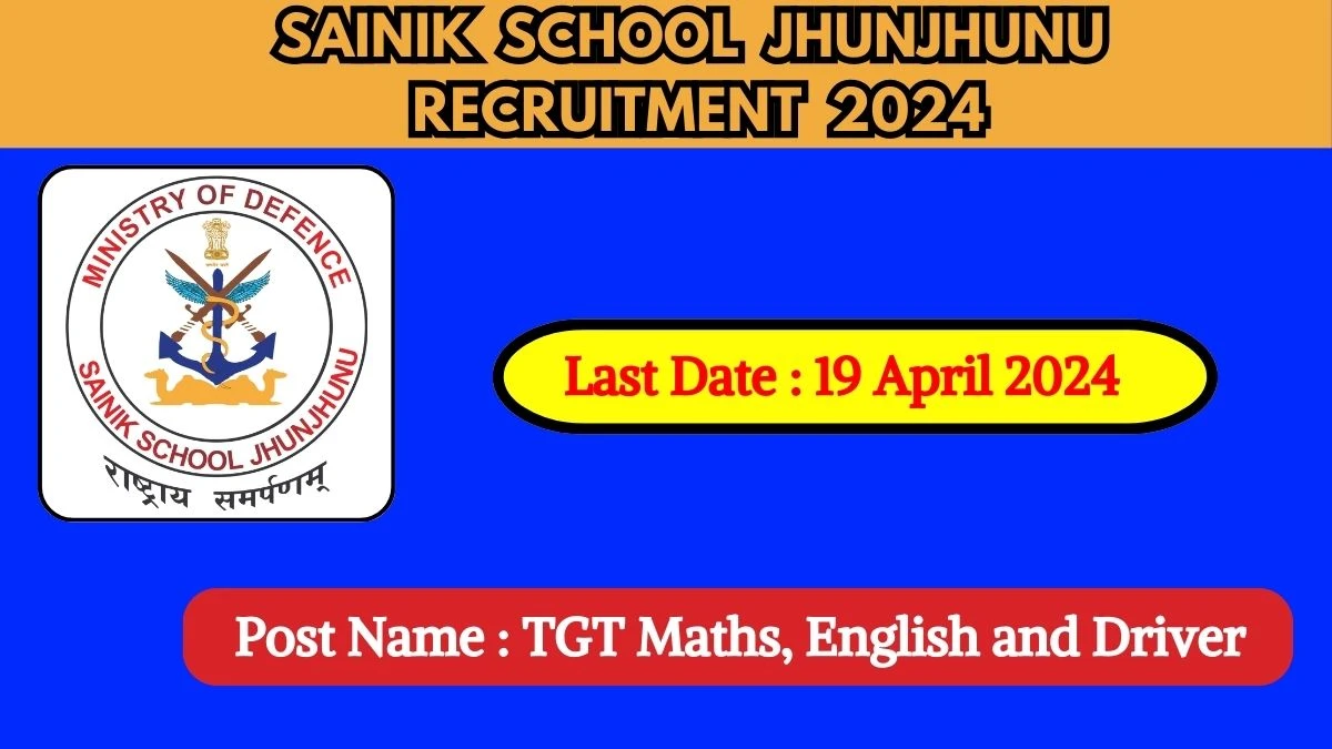 Sainik School Jhunjhunu Recruitment 2024 New Notification Out For 03 Vacancies, Check Post, Age Limit, Qualification, Salary And Other Vital Details