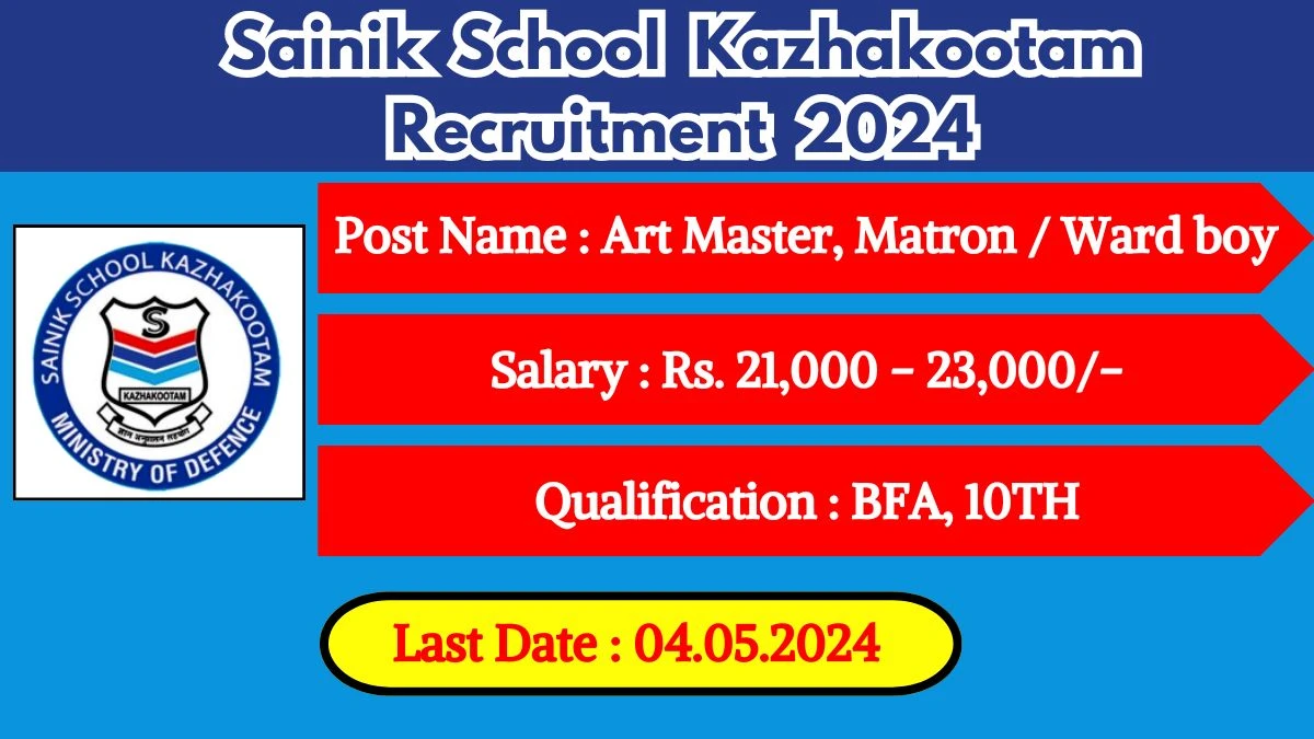 Sainik School Kazhakootam Recruitment 2024 Monthly Salary Up To 23,000, Check Posts, Vacancies, Qualification, Age, Selection Process and How To Apply