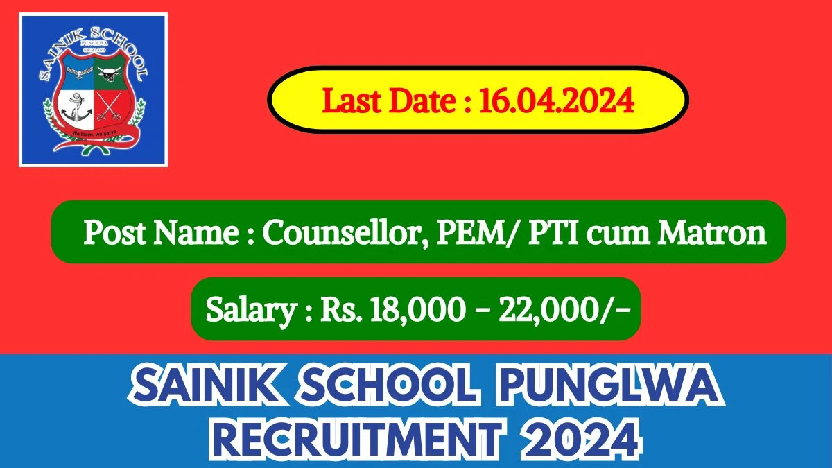 Sainik School Punglwa Recruitment 2024 Monthly Salary Up To 22,000, Check Posts, Vacancies, Qualification, Age, Selection Process and How To Apply