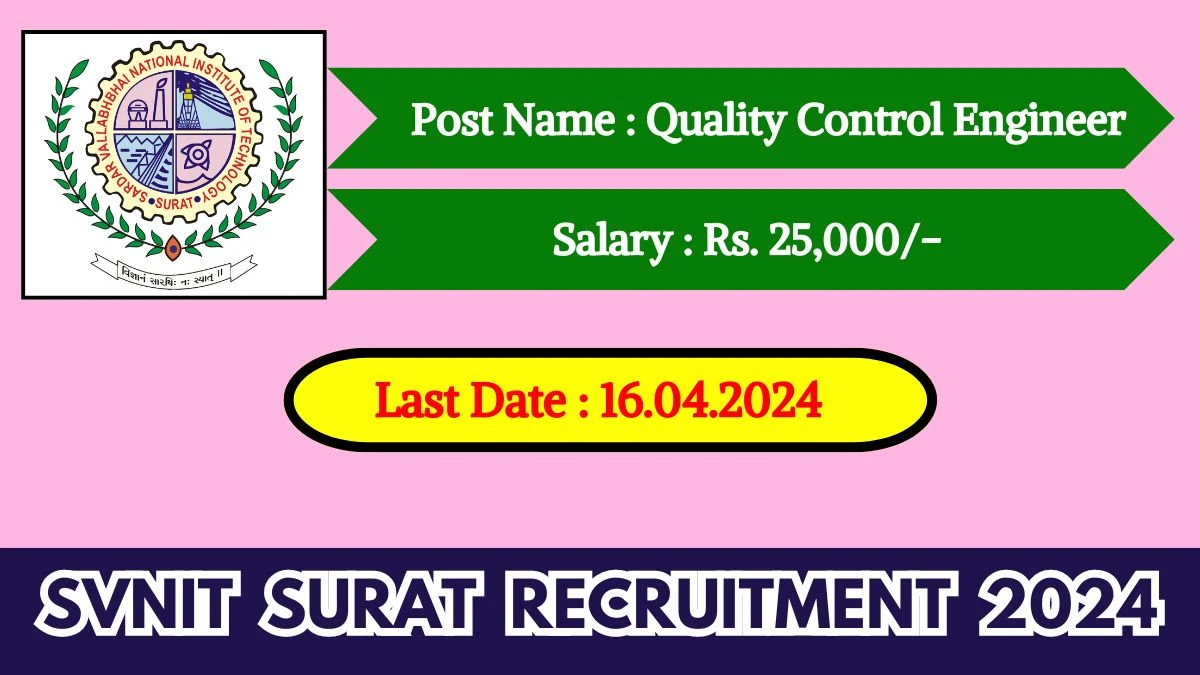 SVNIT Surat Recruitment 2024 Walk-In Interviews for Quality Control Engineer on April 16, 2024