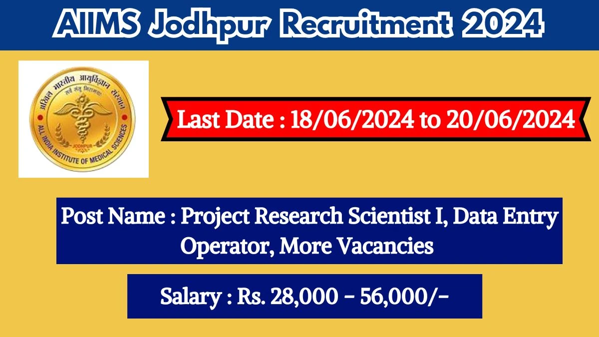 AIIMS Jodhpur Recruitment 2024 Walk-In Interviews for Project Research Scientist I, Data Entry Operator, More on 18/06/2024 to 20/06/2024
