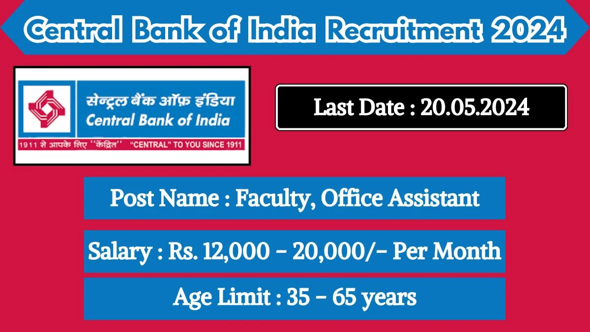 Central Bank of India Recruitment 2024 Apply Online for Faculty, Office Assistant Job Vacancy, Know Qualification, Age Limit, Salary, Apply Online Date