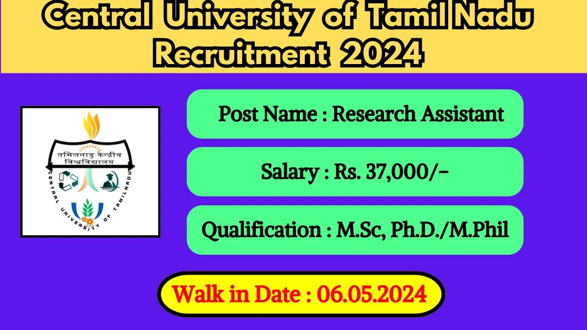 Central University of Tamil Nadu Recruitment 2024 Walk-In Interviews for Research Assistant on 06.05.2024