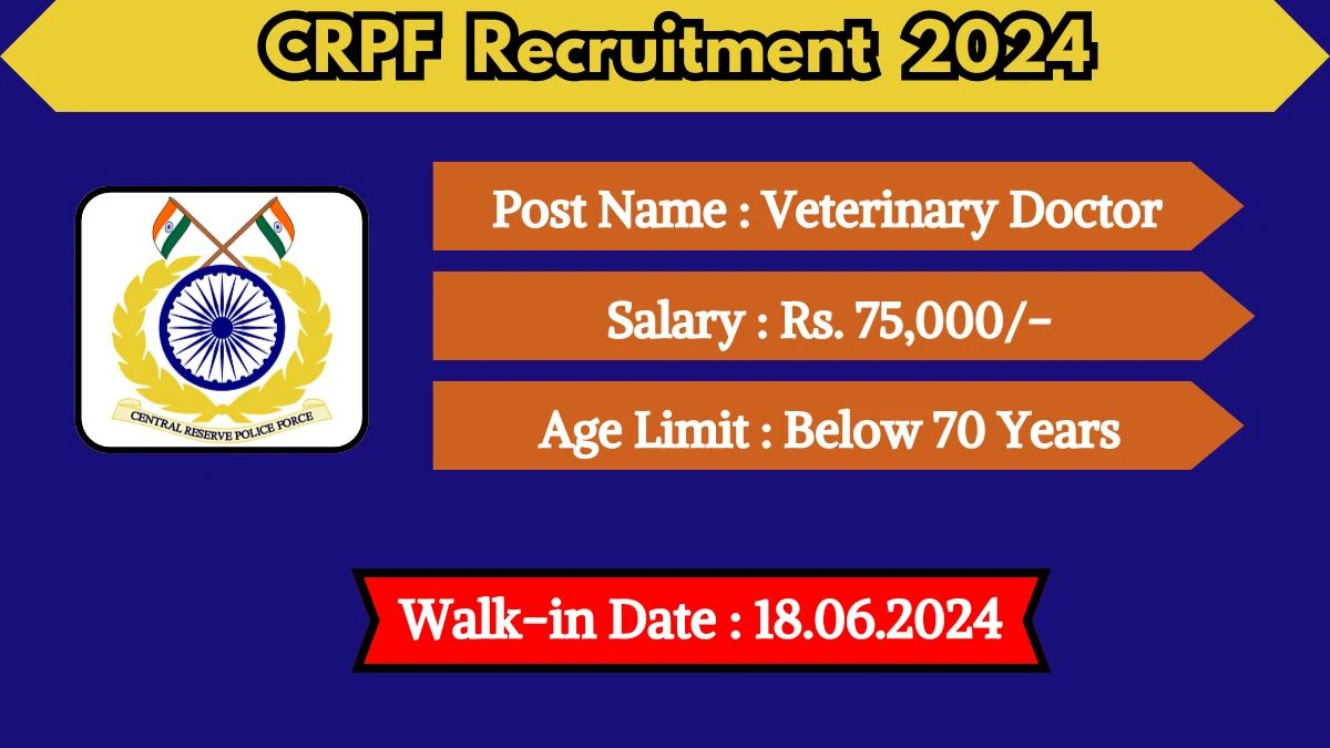 CRPF Recruitment 2024 Walk-In Interviews for Veterinary Doctor on June 18, 2024