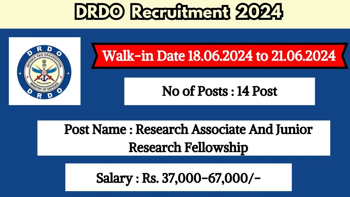 DRDO Recruitment 2024 Walk-In Interviews for Research Associate And Junior Research Fellowship on 18.06.2024 to 21.06.2024