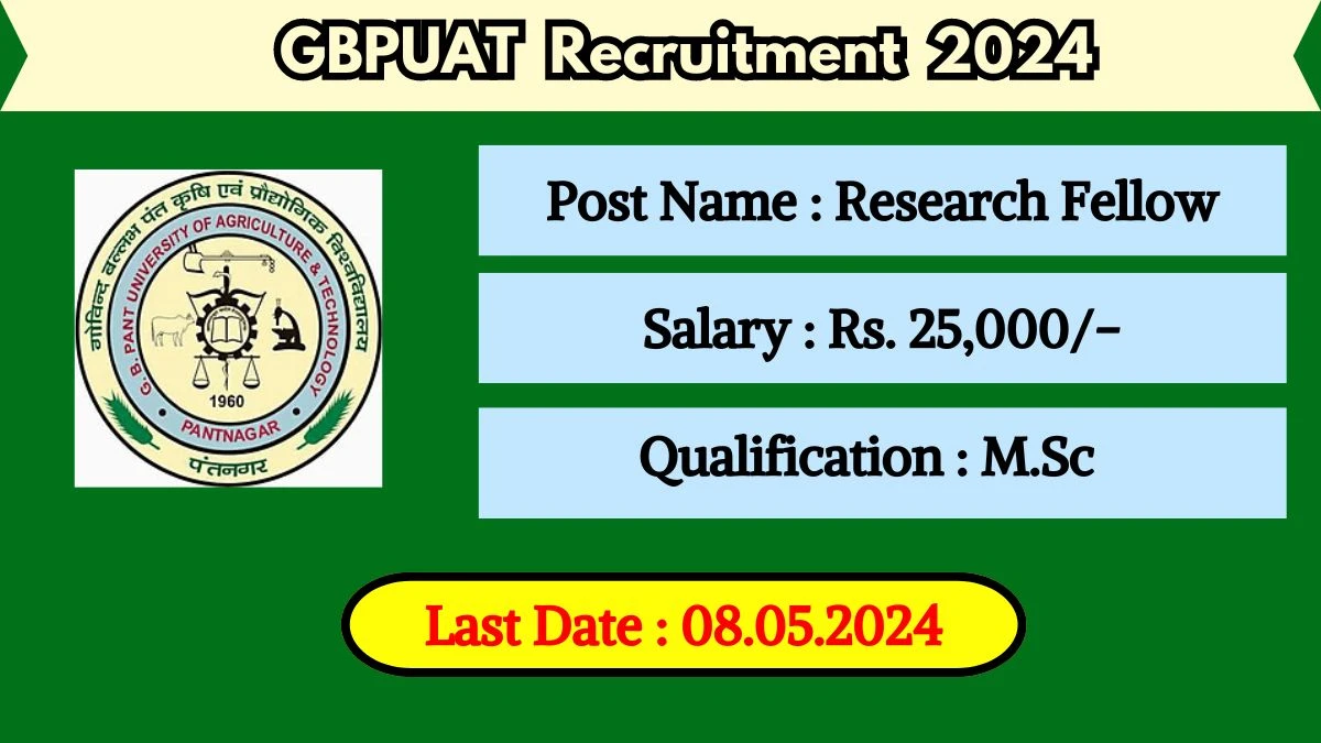 GBPUAT Recruitment 2024 - Latest Research Fellow on 03 May 2024