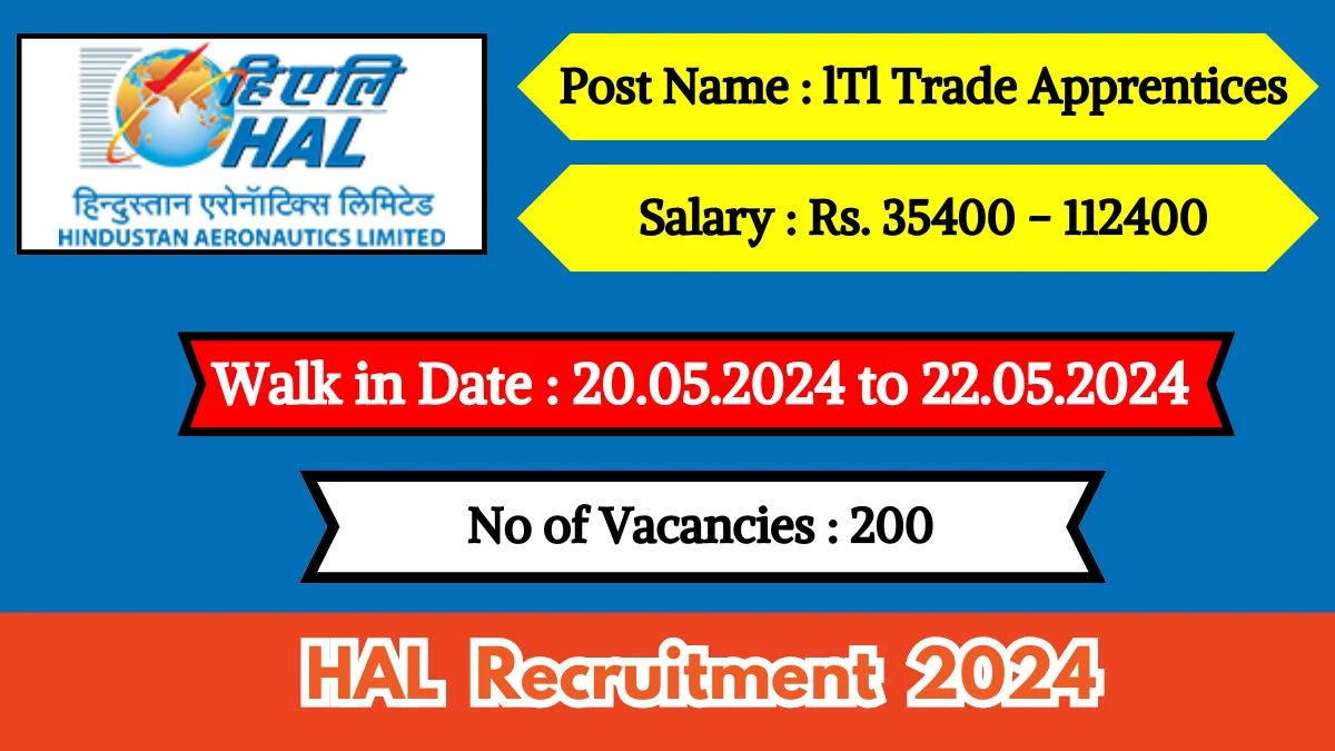 HAL Recruitment 2024 Walk-In Interviews for lTl Trade Apprentices on 20.05.2024 to 22.05.2024