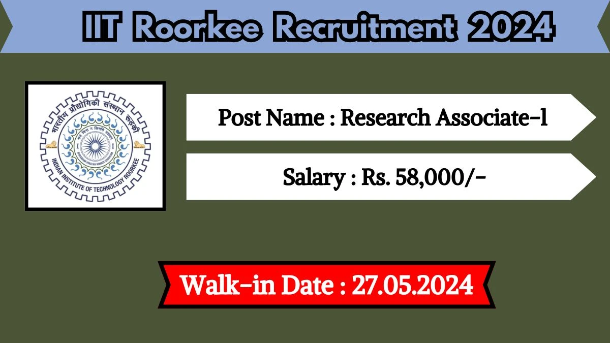 IIT Roorkee Recruitment 2024 Walk-In Interviews for Research Associate-l on May 27, 2024
