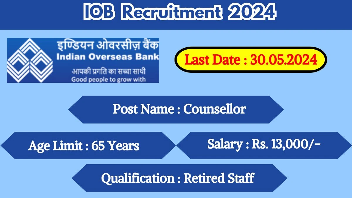 IOB Recruitment 2024 Apply for Counsellor IOB Vacancy at iob.in