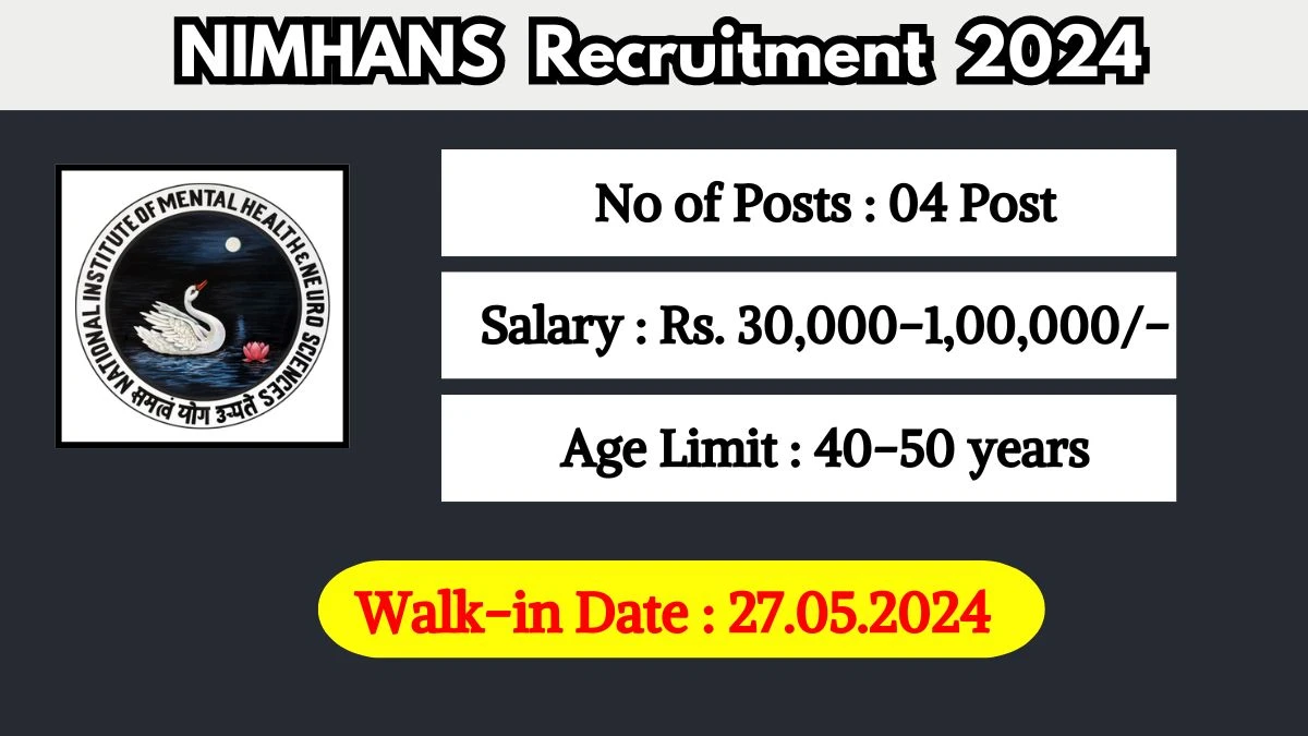 NIMHANS Recruitment 2024 Walk-In Interviews for Programme Manager, Project Assistant, And More Vacancies on May 27, 2024