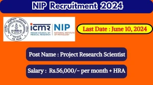 ICMR - NIP Recruitment 2024 - Latest Project Research Scientist Vacancies on June 10, 2024