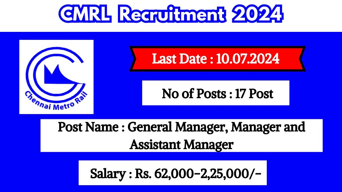 CMRL Recruitment 2024 Check Post, Age Limit, Pay Scale And How To Apply