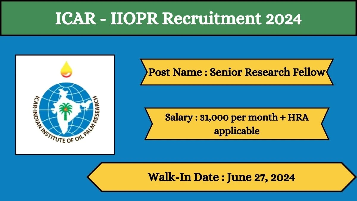 ICAR - IIOPR Recruitment 2024 Walk-In Interviews for Senior Research Fellow on June 27, 2024