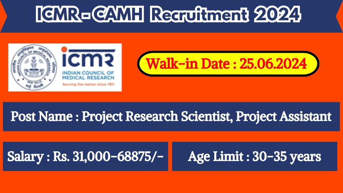 ICMR-CAMH Recruitment 2024 Walk-In Interviews for Project Research Scientist, Proiect Assistant on 25.06.2024