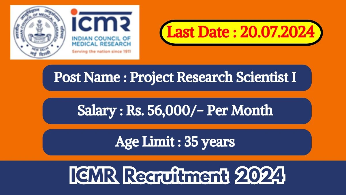 ICMR Recruitment 2024 Apply Online for Project Research Scientist I Job Vacancy, Know Qualification, Age Limit, Salary, Apply Online Date