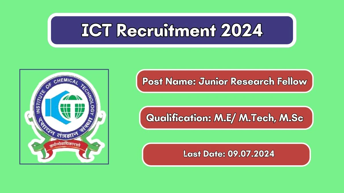 ICT Mumbai Recruitment 2024 Apply Online for Junior Research Fellow Job Vacancy, Know Qualification, Age Limit, Salary, Apply Online Date