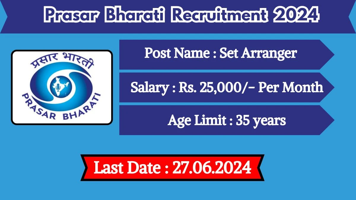 Prasar Bharati Recruitment 2024 Apply Online for Set Arranger Job Vacancy, Know Qualification, Age Limit, Salary, Apply Online Date