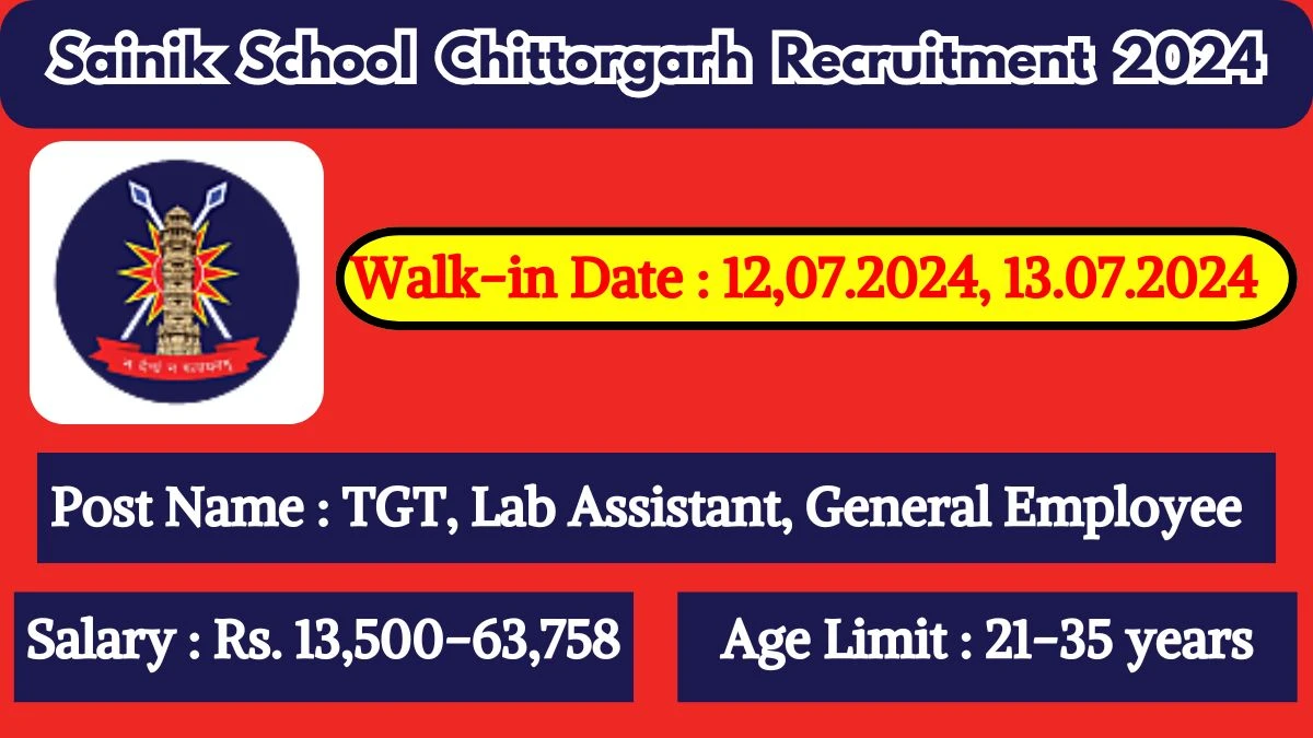 Sainik School Chittorgarh Recruitment 2024 Walk-In Interviews for TGT, Lab Assistant, General Employee on 12,07.2024, 13.07.2024