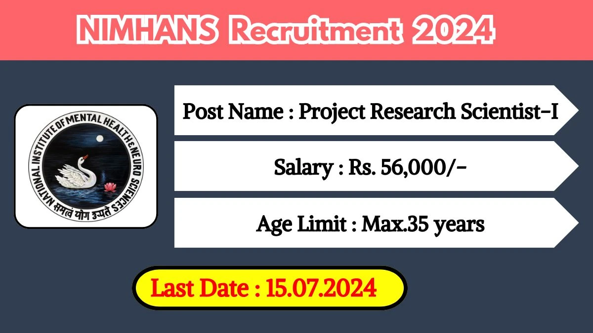 NIMHANS Recruitment 2024 - Latest Project Research Scientist-I Vacancies on 25 June 2024