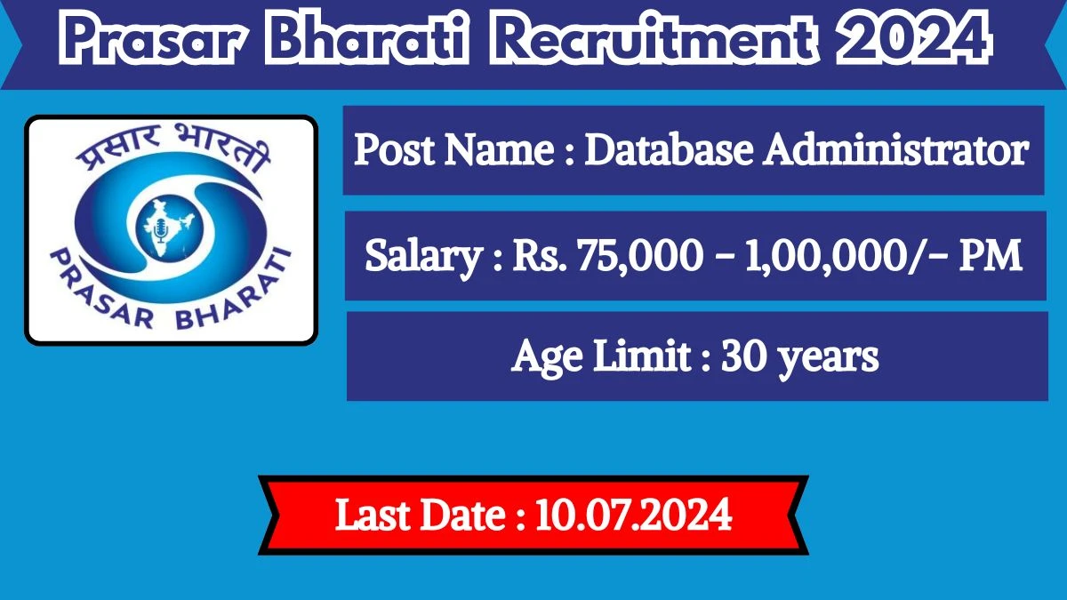 Prasar Bharati Recruitment 2024 Apply Online for Database Administrator Job Vacancy, Know Qualification, Age Limit, Salary, Apply Online Date