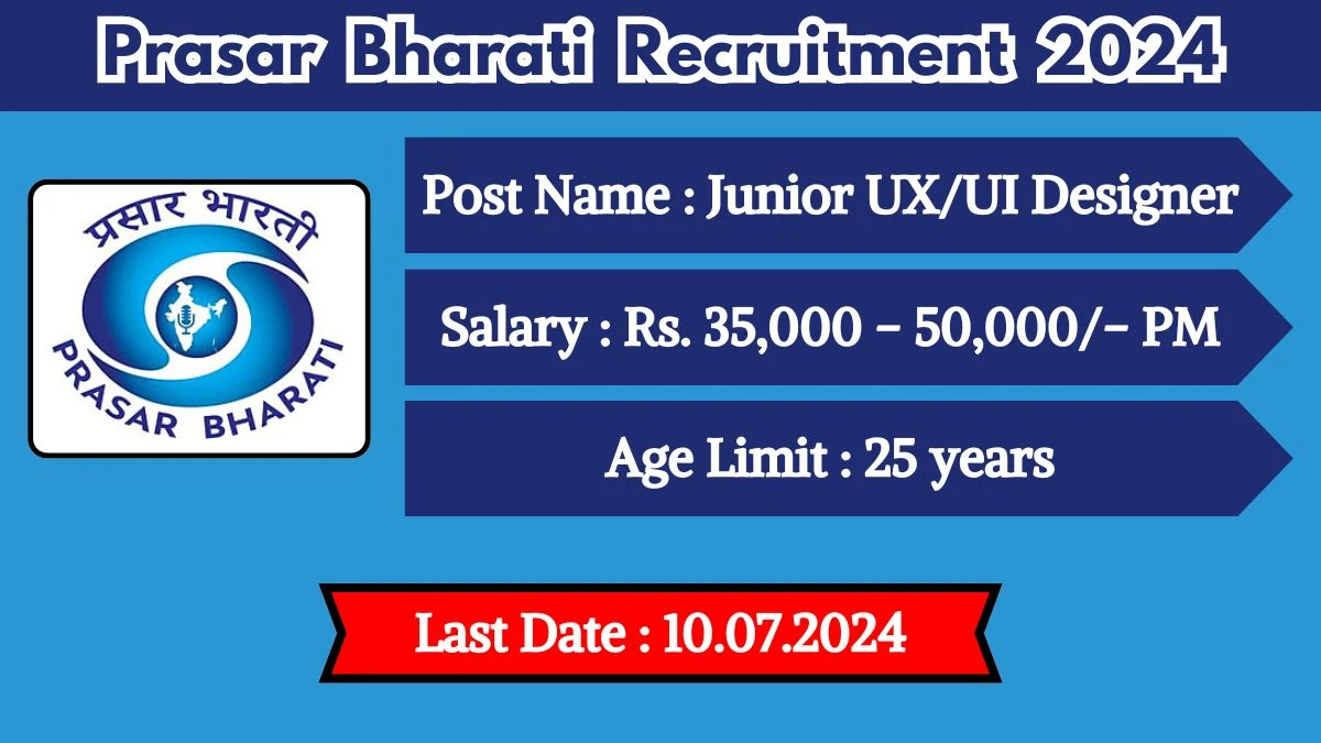Prasar Bharati Recruitment 2024 Apply Online for Junior UX/UI Designer Job Vacancy, Know Qualification, Age Limit, Salary, Apply Online Date
