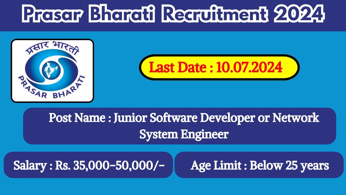 Prasar Bharati Recruitment 2024 - Latest Junior Software Developer or Network System Engineer Vacancies on 26 June 2024