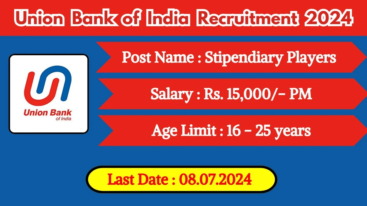 Union Bank of India Recruitment 2024 Apply Online for Stipendiary Players Job Vacancy, Know Qualification, Age Limit, Salary, Apply Online Date