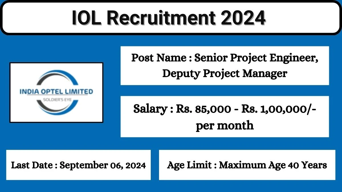 IOL Recruitment 2024 Notification Out Senior Project Engineer, Deputy Project Manager Check Eligibility at indiaoptel.in