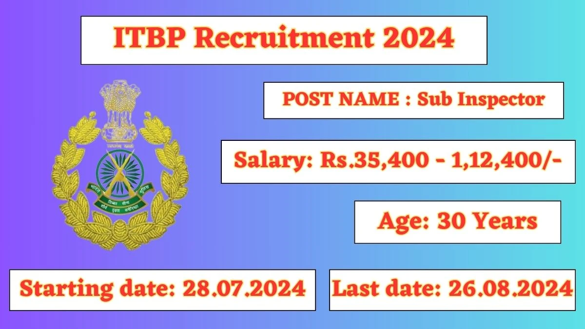 ITBP Recruitment 2024 - Latest Sub Inspector Vacancies on August 02, 2024