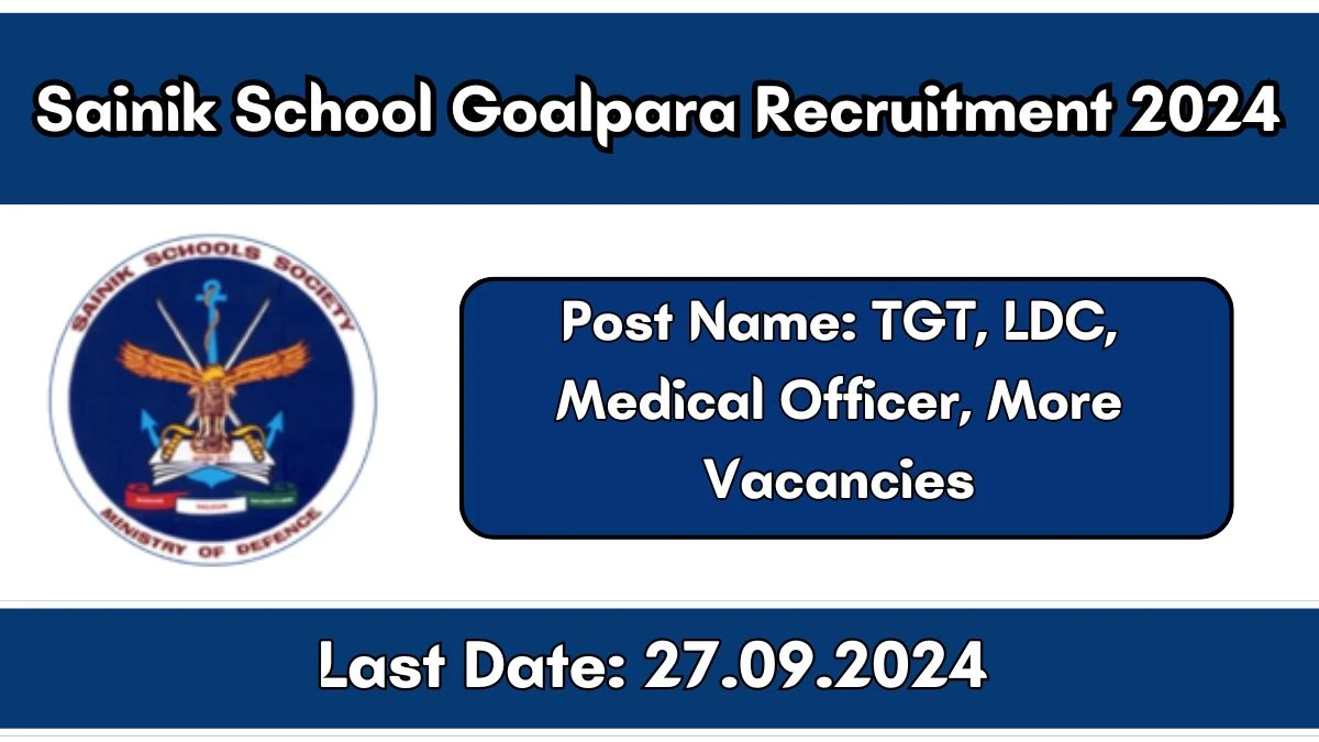 Sainik School Goalpara Recruitment 2024 - Latest TGT, LDC, Medical Officer, More Vacancies on 28 August 2024