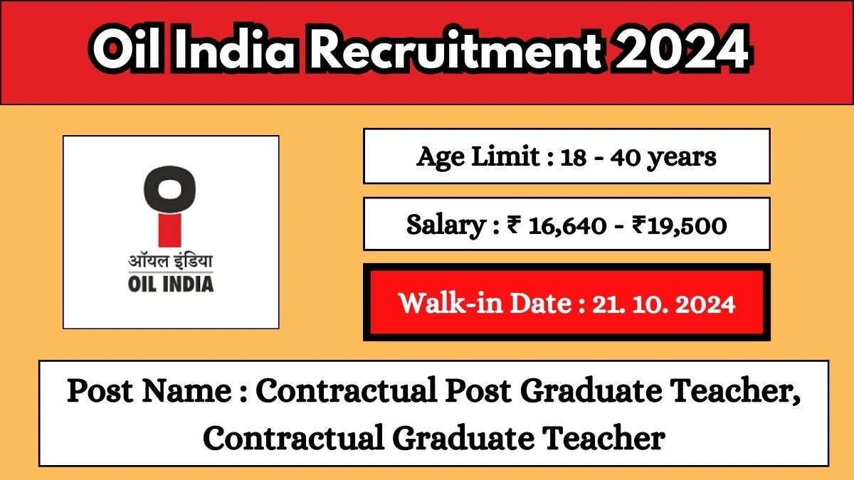 Oil India Recruitment 2024 Walk-In Interviews for Contractual Post Graduate Teacher, Contractual Graduate Teacher on 21.10. 2024