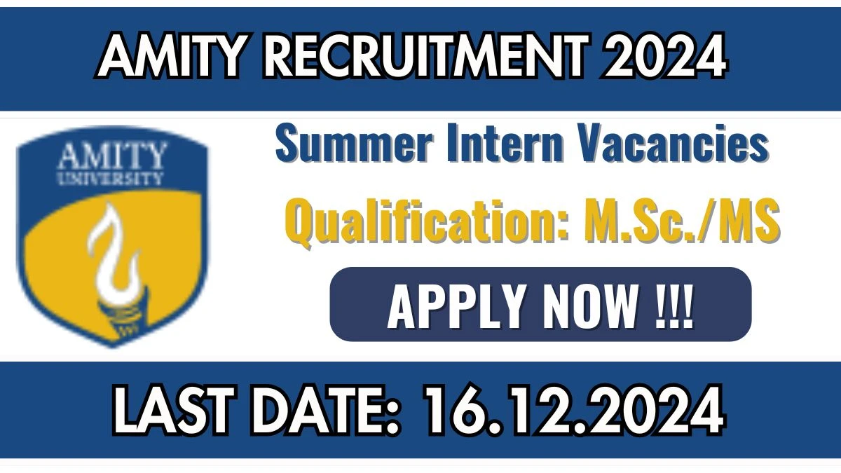 Amity University New Govt Job Vacancy in Noida: Summer Intern Vacancies, M.Sc Pass Apply Now