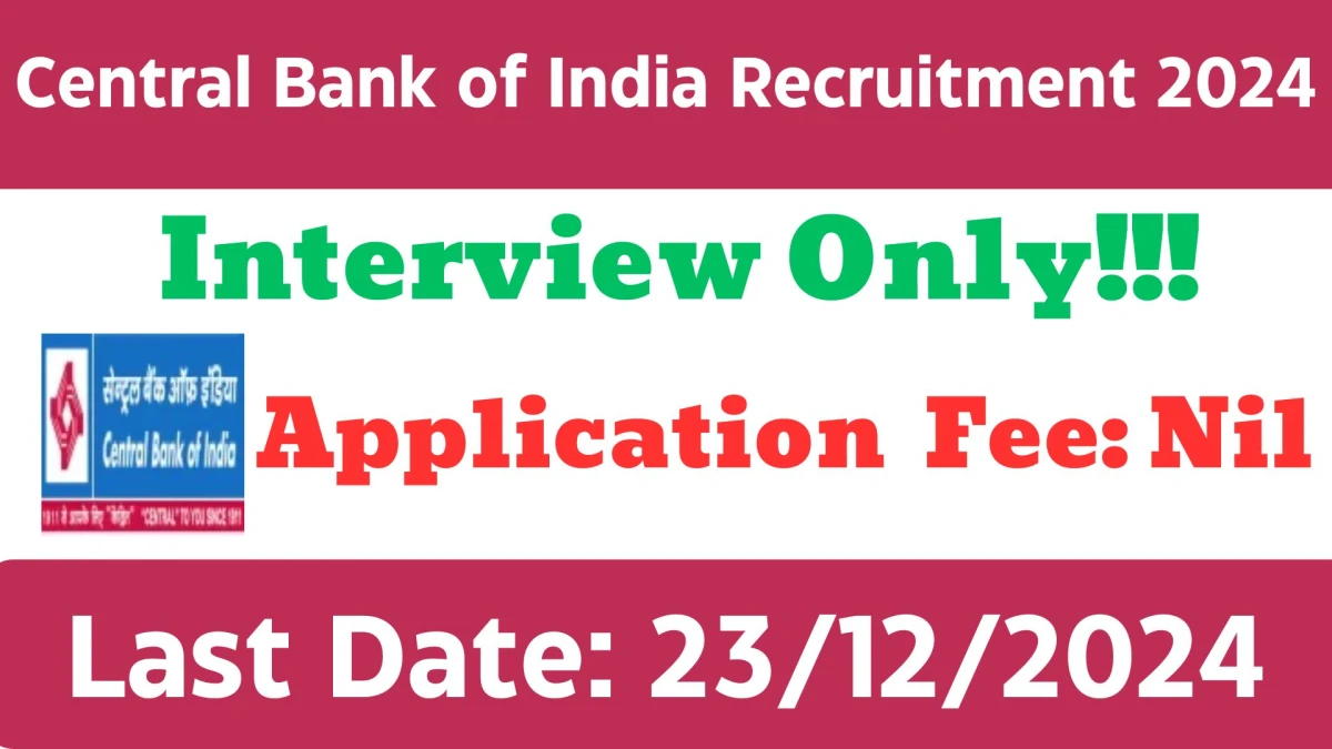 Hyderabad Job Vacancy 2024: Apply for Central Bank of India BC Supervisor Jobs in Telangana