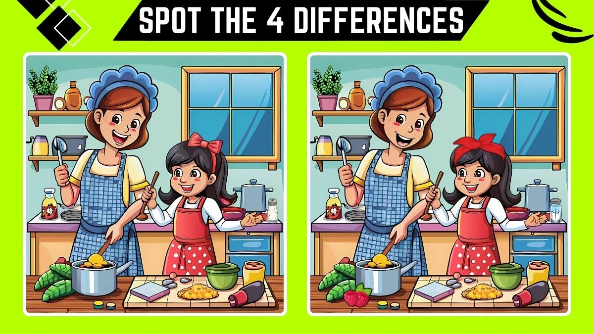 Spot the Differences picture Puzzle Game: Only 2K Vision People Can Spot the 4 Differences in this Mom and Daughter Cooking Image in 12 Secs