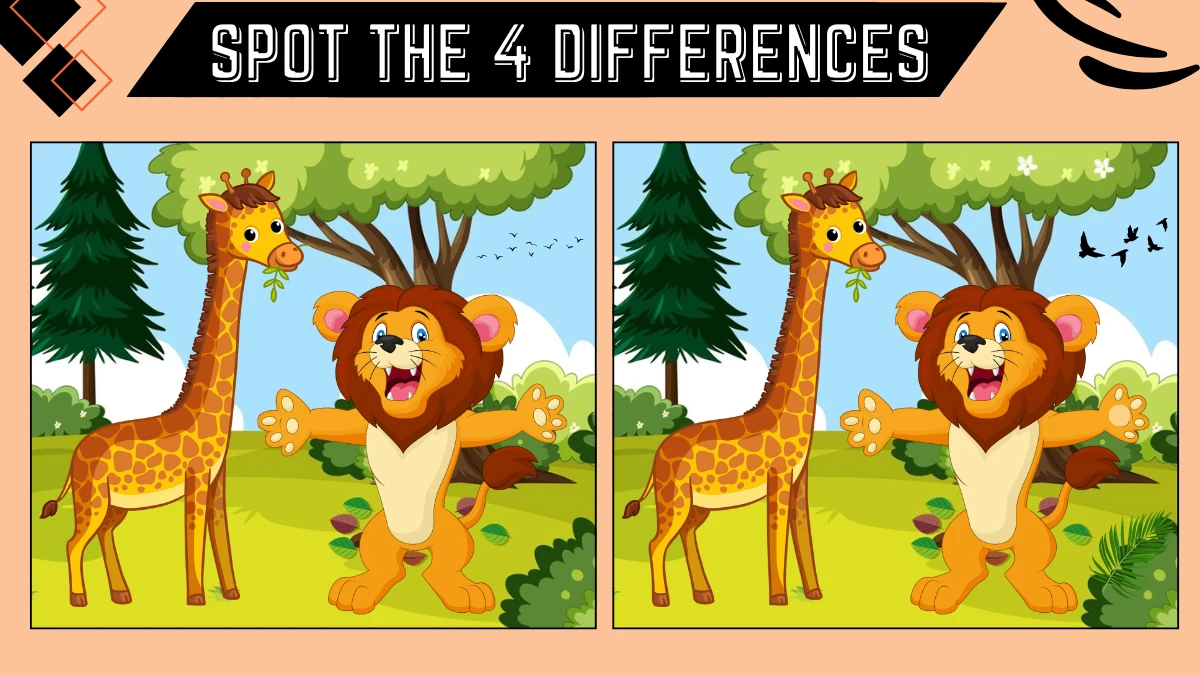 Spot the 4 Difference Picture Puzzle Game: Only People with Extra Sharp Vision Can Spot the 4 Differences in this Giraffe and Lion Image in 15 Secs