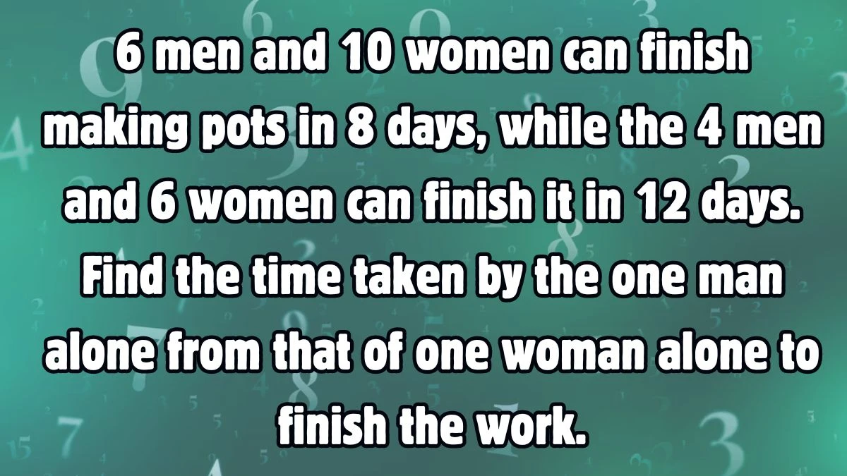 6 men and 10 women can finish making pots in 8 days, while the 4 men and 6 women can finish it in 12 days. Find the time taken by the one man alone from that of one woman alone to finish the work.