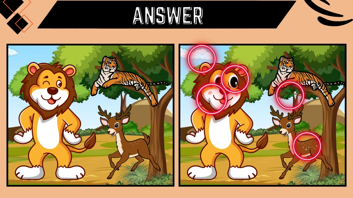 Spot the Difference Game: Only People with Extra Sharp Eyes Can Spot the 5 Differences in this Lion, Tiger and Deer Image in 14 Secs