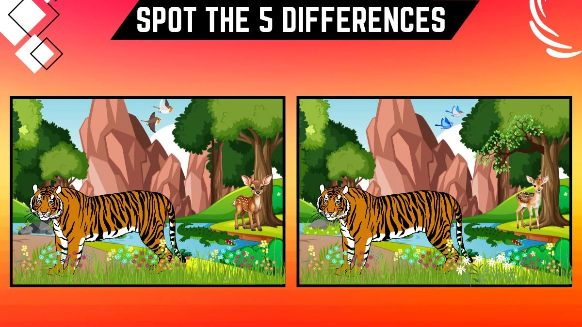 Spot the 5 Difference Picture Puzzle Game: Only Sharp Brain Can Spot the 5 Differences in this Tiger and Deer Image in 14 Secs