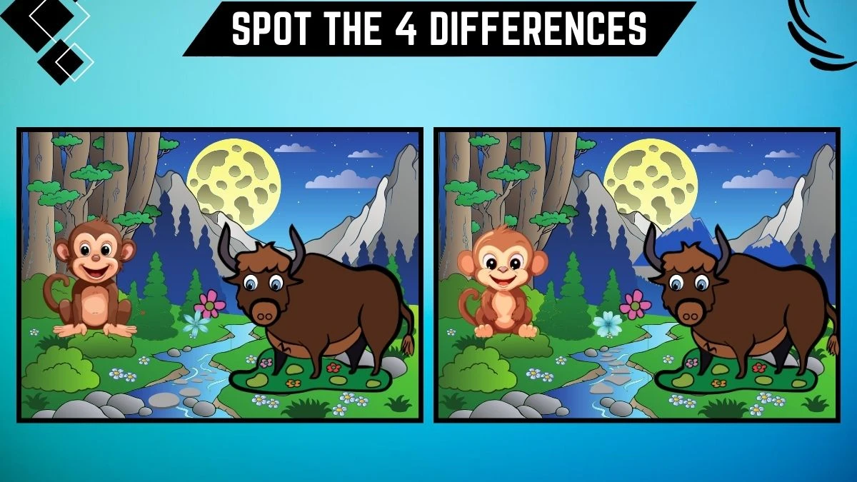 Spot the Difference Game: Only people with Eagle Eyes Can Spot the 4 Differences in this Monkey and Buffalo Image in 12 Secs