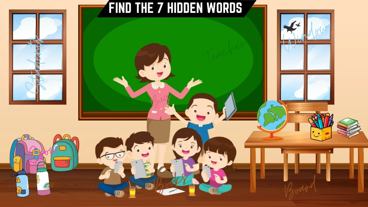 Puzzle IQ Test: Only 1 out of 5 can spot the 7 Hidden Words in this Classroom Image in 10 Secs