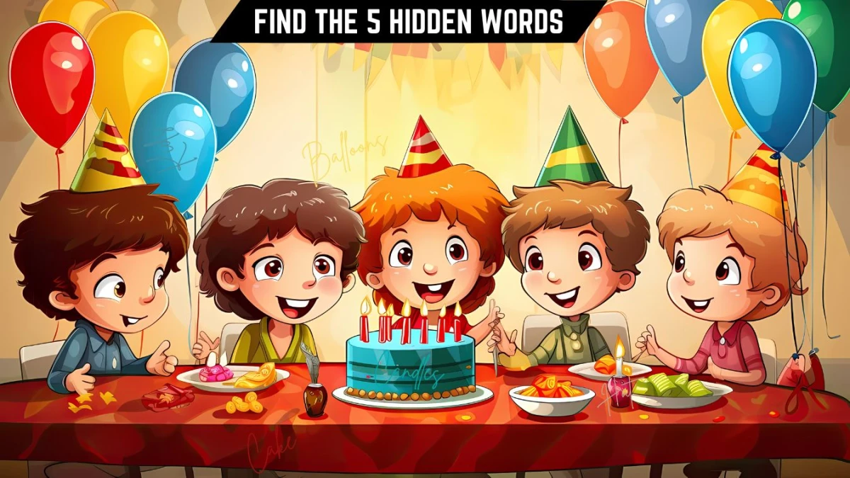 Puzzle IQ Test: Only True Puzzle Masters Can Spot the 5 Hidden Words in this Birthday Party Image in 12 Secs