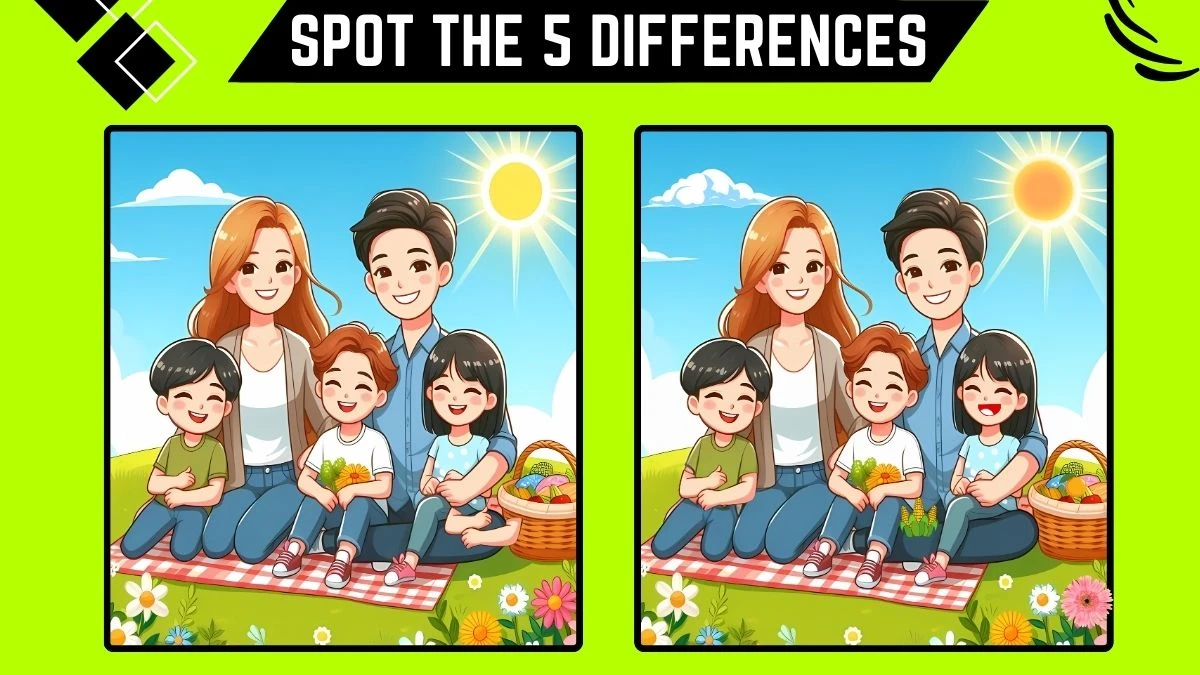 Spot the Difference Game: Only 20/20 Vision People Can Spot the 5 Differences in this Family Picnic Image in 15 Secs