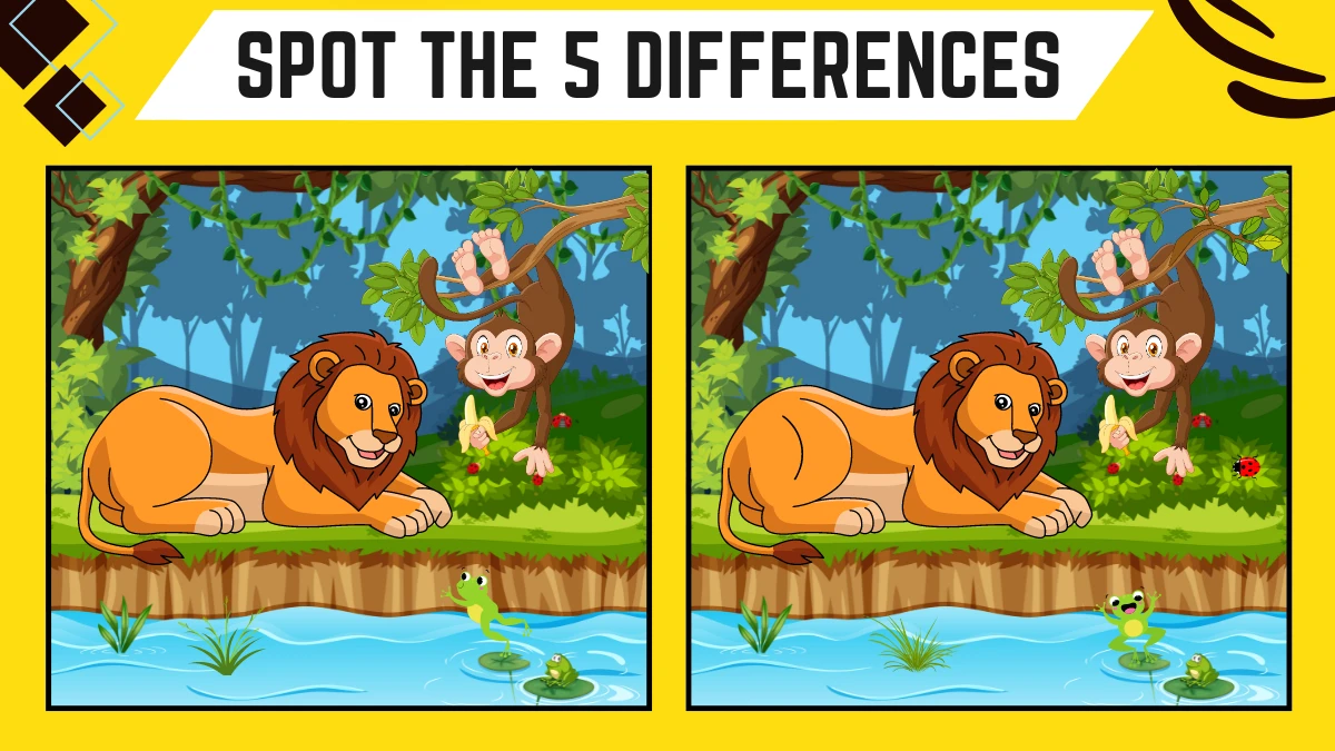 Spot the Difference Game: Only 20/20 Vision People Can Spot the 5 Differences in this Lion and Monkey Image in 14 Secs