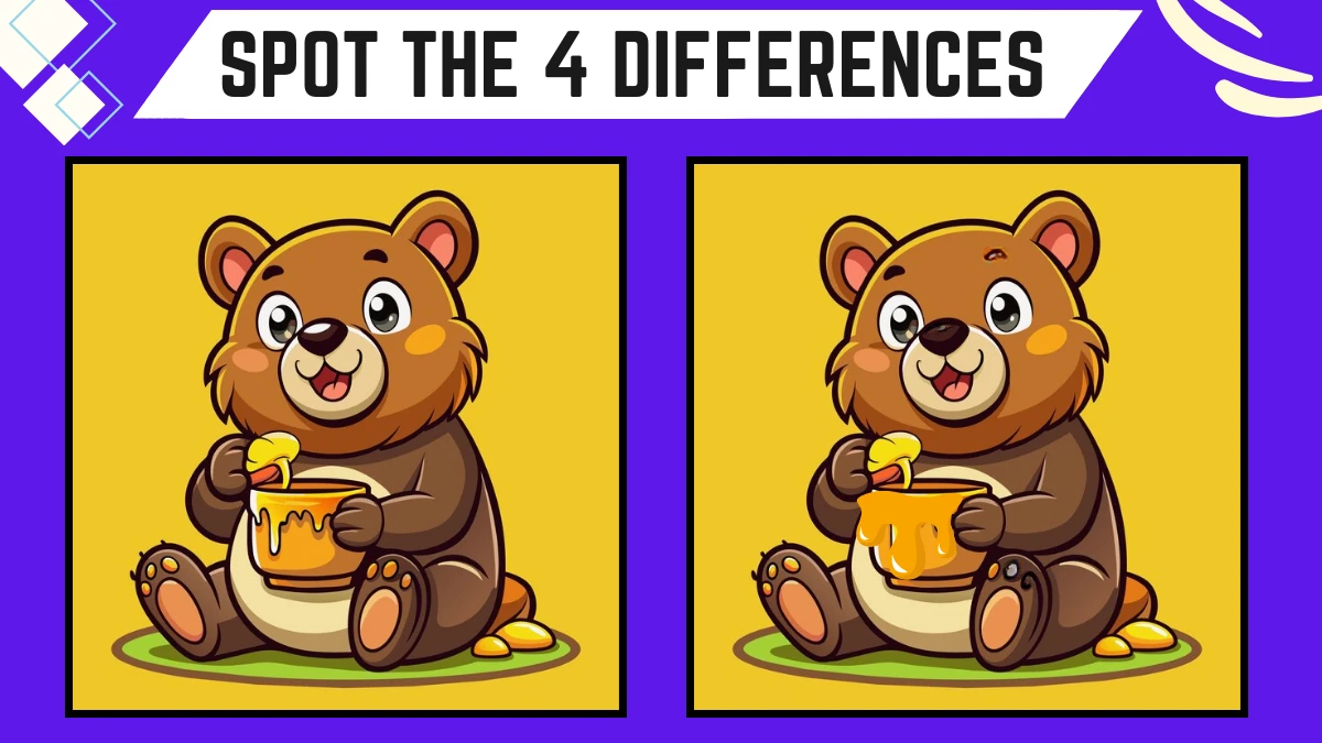 Spot the Difference Game: Only a Genius with Hawk Eyes can Spot the 4 Differences in this Bear Eating Honey Image in 14 Secs